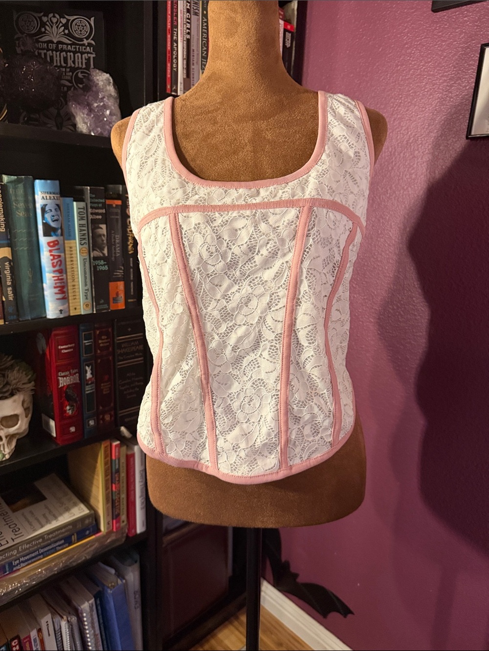 White Lace Corset Tank with Pink Trim - Women Intimates